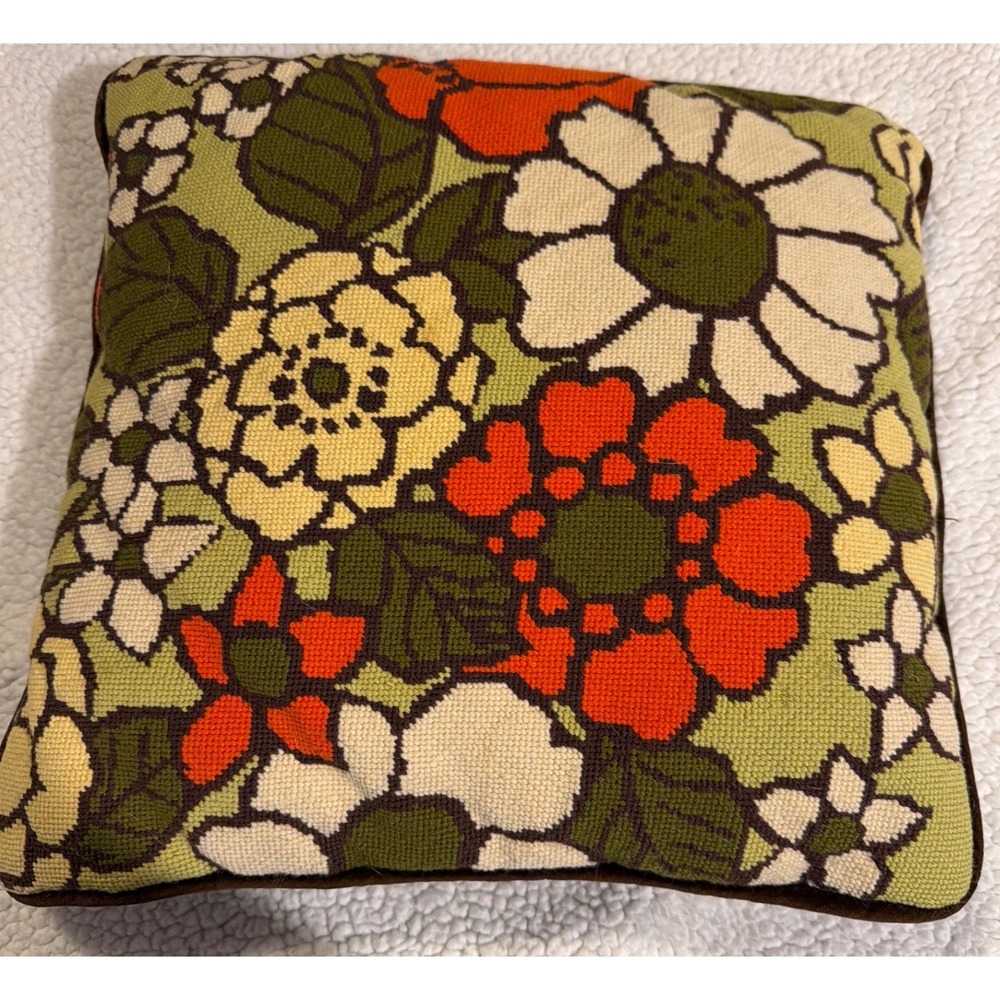 Vintage 70s Floral Needlepoint Throw Pillow Velvet Back Orange Green MCM Retro